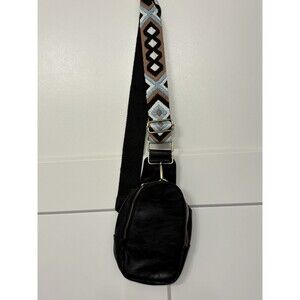 Black Crossbody Sling Bag Vegan Leather Women’s Knit Threaded Strap